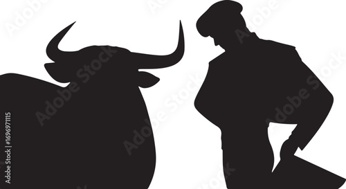 Black silhouette of a bull and a matador facing each other on a white background vector