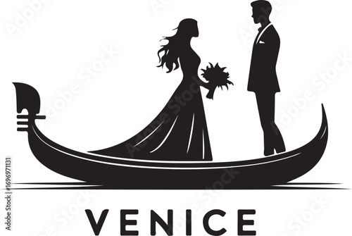 Black silhouette of a bride and groom in a gondola with the word Venice wedding couple
