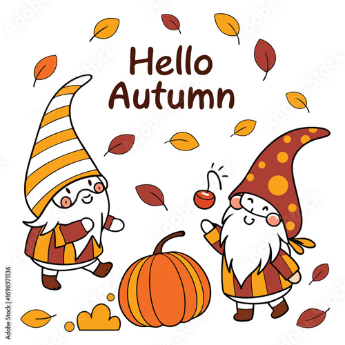 Cartoon gnomes celebrate autumn with vibrant leaves and a plump orange pumpkin on white