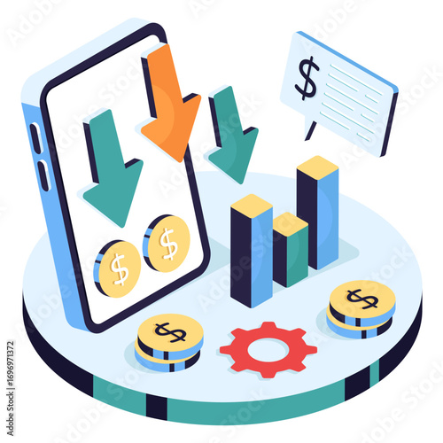 Isometric design illustration of mobile recession chart