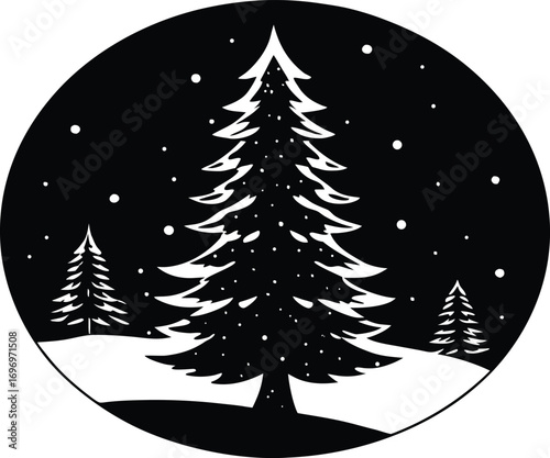 Winter Snowy Pine Silhouette Art | Snowy Pine Winter Vector Illustration