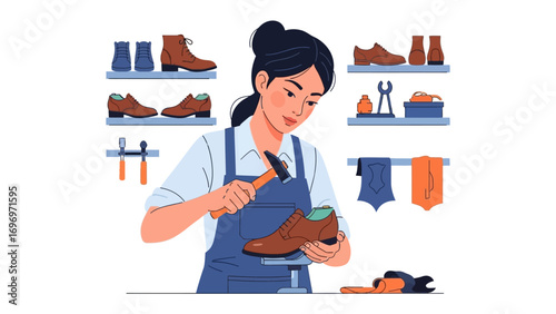 The Cobbler's Craft: A dedicated craftswoman, absorbed in her work, skillfully repairs a shoe, surrounded by the tools and trappings of her trade. Her focus embodies the dedication.