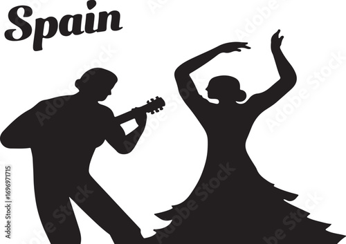 Black silhouette of flamenco dancer and guitarist with Spain text music