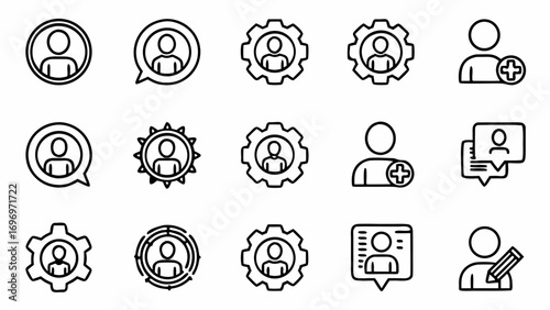 Modern user interface icons representing profile, settings, communication, and add features for digital platforms and applications.