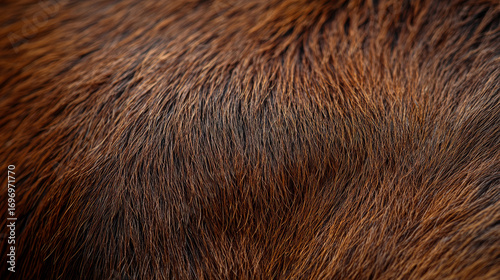 Detailed macro shot of rich brown and reddish animal fur showcasing its natural texture and soft, warm tones