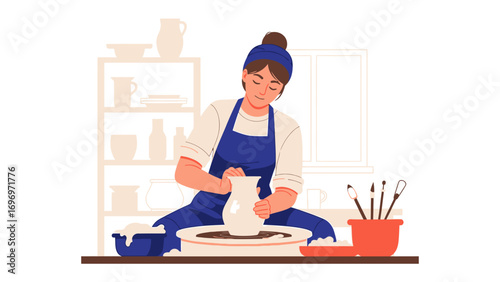 Artisan at the Wheel: An artisan meticulously molds wet clay on a potter's wheel, a focused expression of craftsmanship. The scene captures the essence of pottery creation.