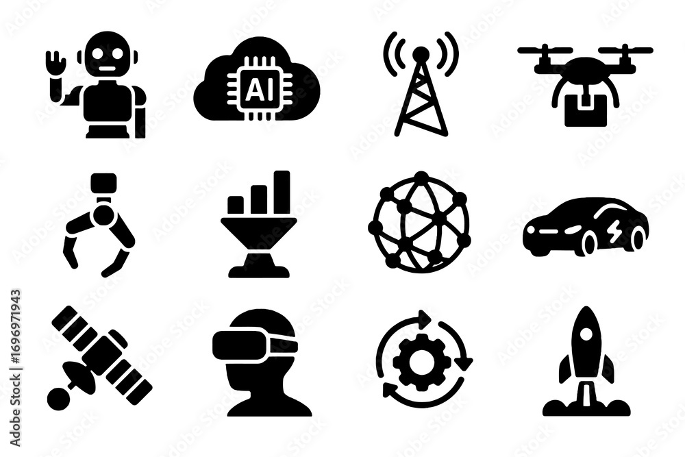 Naklejka premium Solid future tech icons. Includes symbols for neural networks, VR, satellite, smart car, robotic claw and projection. Minimal innovation vector set.