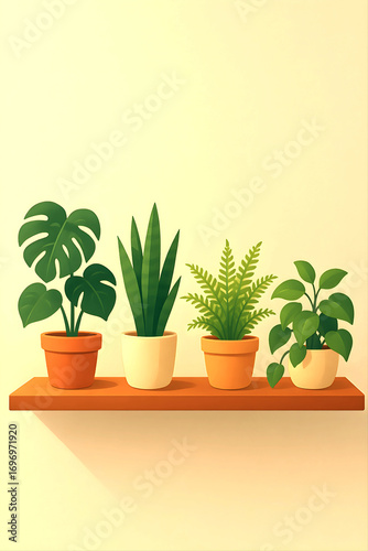 Four potted plants on a wooden shelf against a light background.