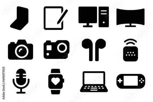 Devices icon set. Solid vector icons of foldable smartphone, tablet with stylus, TV, DSLR, smartwatch, smart speaker and gaming console. Tech gadgets pack.