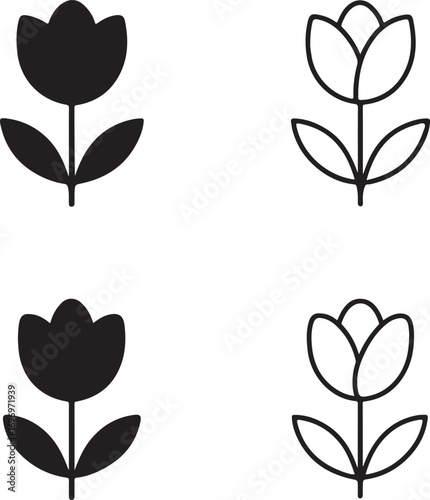 Isolated black floral icons, flower leaf decorative vector icons, minimal nature design, editable outline floral icons, black silhouette botanical elements