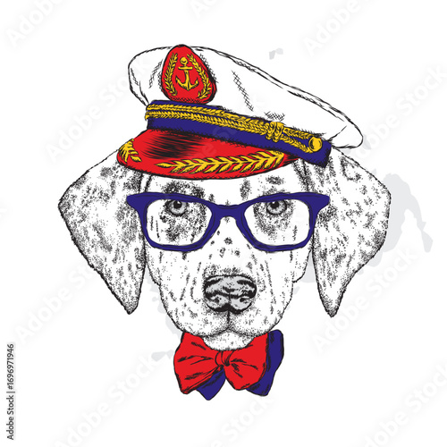 A pedigreed dog with glasses, a tie and a cap. Vector illustration. Captain, sailor.