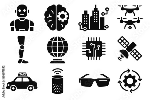 Future technology icon set. Solid vector icons of robot, AI brain, smart city, drone swarm, prosthetic, automation and hologram. High-tech pack.