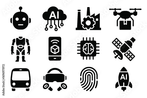 Solid future tech icons. Includes symbols of hologram, rocket innovation, satellite, neural chip and autonomous bus. Minimal innovation vector set.
