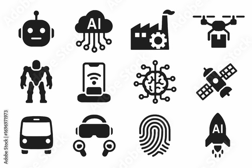 Future technology icon set. Solid vector icons of robot, cloud AI, drone, exoskeleton, VR headset, fingerprint and smart factory. High-tech pack.