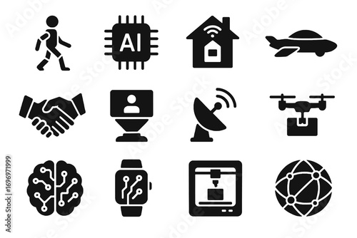 Solid future tech icons. Includes symbols of flying car, digital globe, robotic handshake, neural brain, and satellite dish. Minimal high-tech vector set.