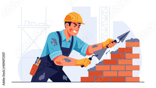 Crafting Bricks: A skilled construction worker meticulously lays bricks with focused precision, creating the foundations of a new structure in a professional and dynamic illustration. 