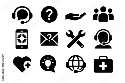 Help and support icon set. Solid vector icons of headset, question, community, wrench, email, smartphone and aid. Guidance and service pack.