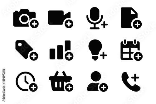Plus sign icon set. Solid vector icons of photo, video, recording, chart, idea, people, basket and schedule. Add and create actions pack.