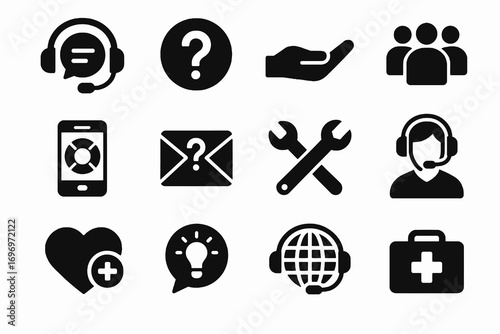 Solid support icons. Includes heart aid, global assistance, medical kit, advice chat, and agent service. Minimal vector collection for communication and help.