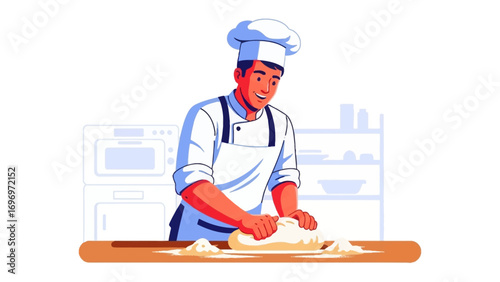 Baking Artisan: A skilled chef kneads dough with precision on a floured counter, bringing the art of baking to life with a touch of culinary expertise.