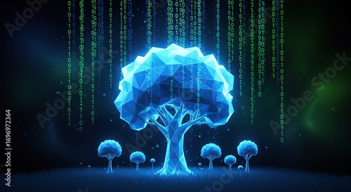 Abstract glowing blue tree with digital rain in dark background