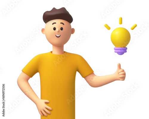 Idea and Inspiration 3D Cartoon Man with Lightbulb. Vector illustration.