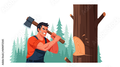 Lumberjack Felling a Tree: A strong lumberjack with determined look using an axe to fell a towering tree in a lush forest, highlighting the strength and hard work involved in the industry.