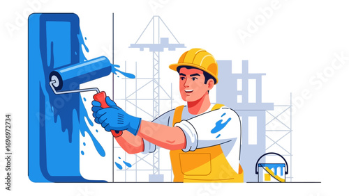 The Painter at Work: A painter diligently applies vibrant blue paint to a wall, using a roller to achieve smooth, even coverage, embodying the essence of home renovation and skilled craftsmanship.
