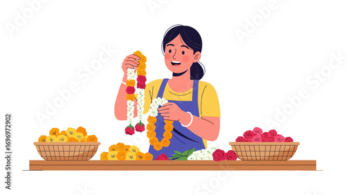 Floral Artisan at Work: A skilled artisan meticulously crafts a garland, surrounded by baskets overflowing with vibrant flowers, showcasing the artistry of nature's beauty.