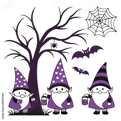 Three whimsical cartoon gnomes with purple robes and hats stand near a bare tree