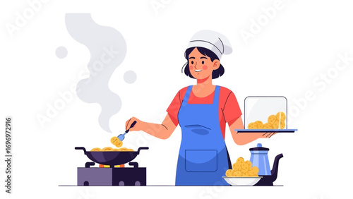 Chef at Work: An illustrated chef expertly prepares a culinary masterpiece in a dynamic portrayal of cooking skills and culinary dedication.