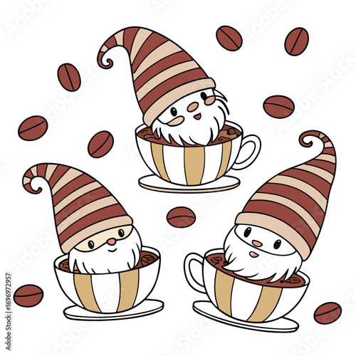 Three whimsical gnomes sit inside coffee cups amidst floating coffee beans