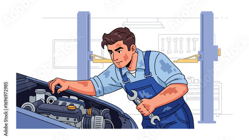 Mechanic Inspecting Car Engine: An illustration of a skilled mechanic meticulously examining a car engine in a detailed mechanic's shop setting. The scene focuses on expertise.