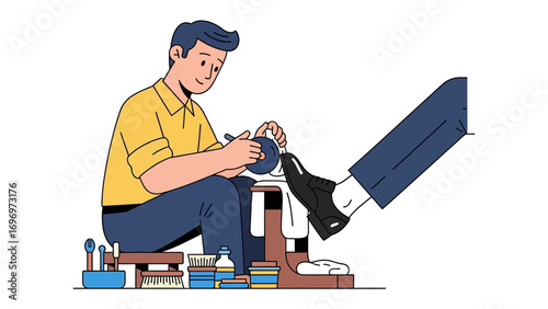 Shoe Shine Serenity: A skilled craftsman meticulously polishes a shoe, epitomizing the art of craftsmanship and dedication to detail. the focus is on a serene moment of service. 