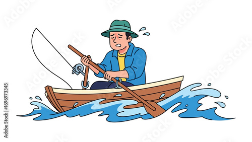 Rough Waters: A solitary fisherman faces a turbulent situation on the sea. He is battling rough waters in a small boat