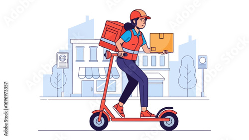 Modern Delivery: A delivery worker on a scooter effortlessly navigates the urban landscape, carrying a package and a delivery bag, symbolizing speed, efficiency, and convenience in a digital age.