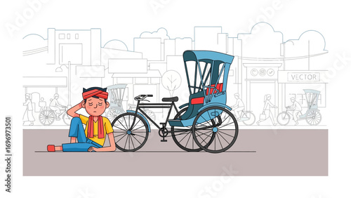 City Rickshaw: A whimsical illustration showcases a boy resting beside his vibrant rickshaw, poised on the bustling city streets, awaiting a new passenger.