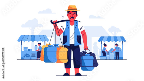 Bustling Street Vendor: Capturing the daily life of a street vendor carrying goods, showcasing the vibrancy of trade and the simplicity of life's offerings. A vivid vector illustration.