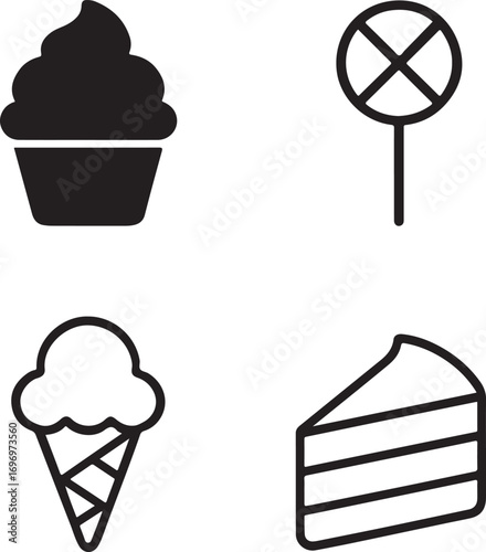 Isolated black sweet treat icons, dessert candy snack vector icons, minimal food design, editable outline treat icons, black silhouette dessert elements for buyers