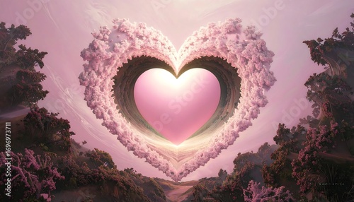 Heart-shaped, pink, cloud-filled,  landscape