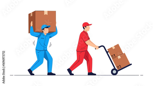 Delivery Professionals in Action: Two delivery workers efficiently transport packages, one carrying a box overhead and the other utilizing a hand truck. Symbolizing swift, reliable service.