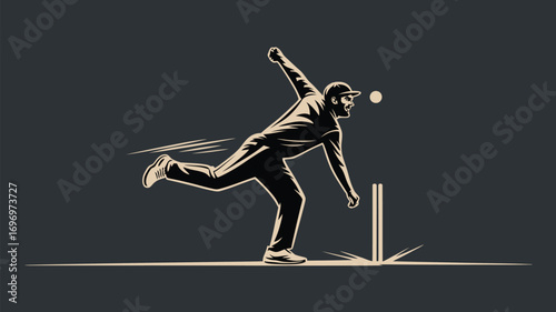 Dynamic cricket bowler delivering a powerful pitch towards the wicket with focused intensity