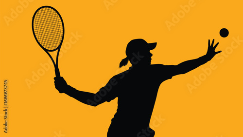 Dynamic tennis player silhouette serves ball with powerful motion against vibrant orange background