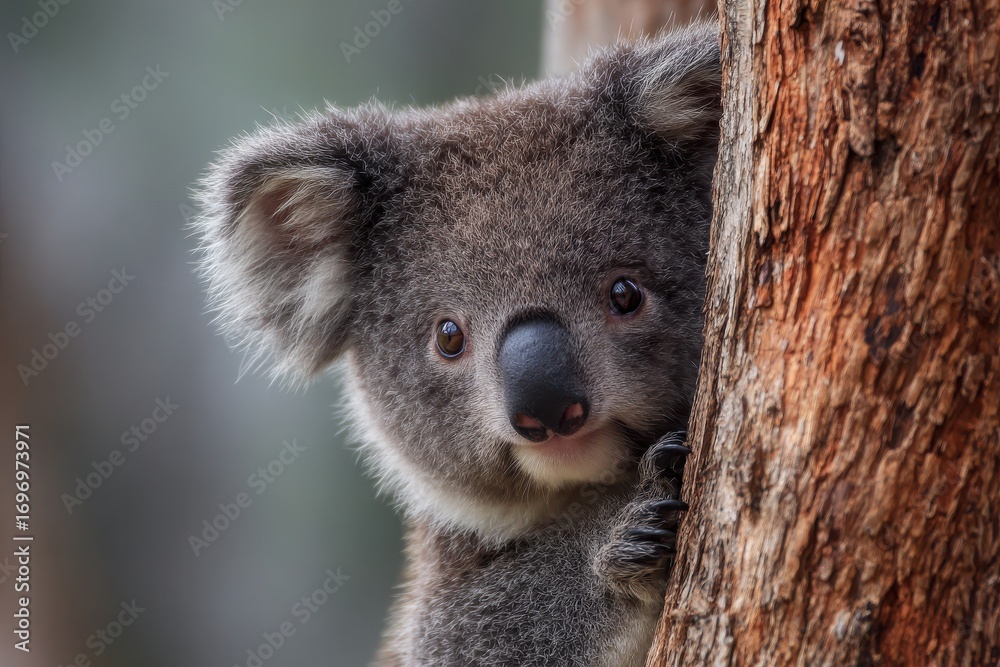 Obraz premium Adorable Koala Bear Perched on a Eucalyptus Tree in the Heart of Australia's Wild Nature