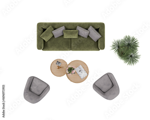 Modern living room showcases a green sofa with cushions, two grey armchairs, a round coffee table with decor, and a potted plant, creating a cozy atmosphere.