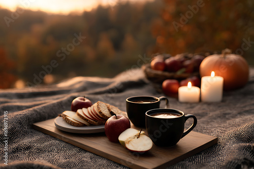 Fototapeta Naklejka Na Ścianę i Meble -  seasonal picnic, cozy fall picnic with blankets, apples, and pumpkins