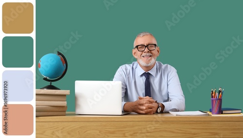 Male Geography teacher with laptop at table on green background. Different co...