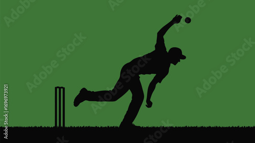 Dynamic cricket bowler in action, releasing ball with powerful motion on green field