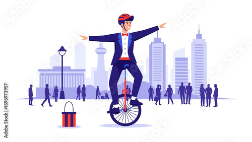 Unicycle rider in the City: Capturing a vibrant unicycle rider in the city. This image depicts a daring man, on unicycle, amidst a modern cityscape.