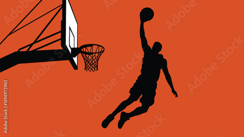 Dynamic basketball player silhouette soaring for a slam dunk against vibrant orange background